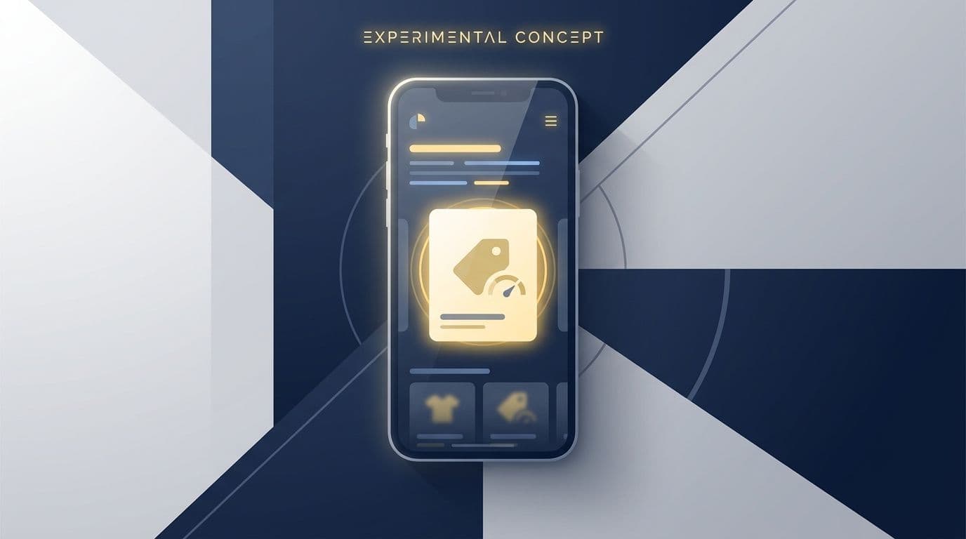 Conceptuele illustratie van een smartphone met winkelresultaten en een gele kaart voor een tijdelijke aanbieding.