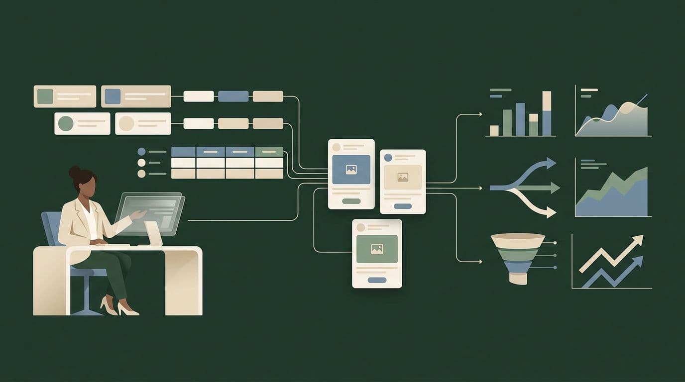 Illustratie van een marketeer die een productfeed omzet in productadvertenties en de resultaten in een conversiedashboard bekijkt.