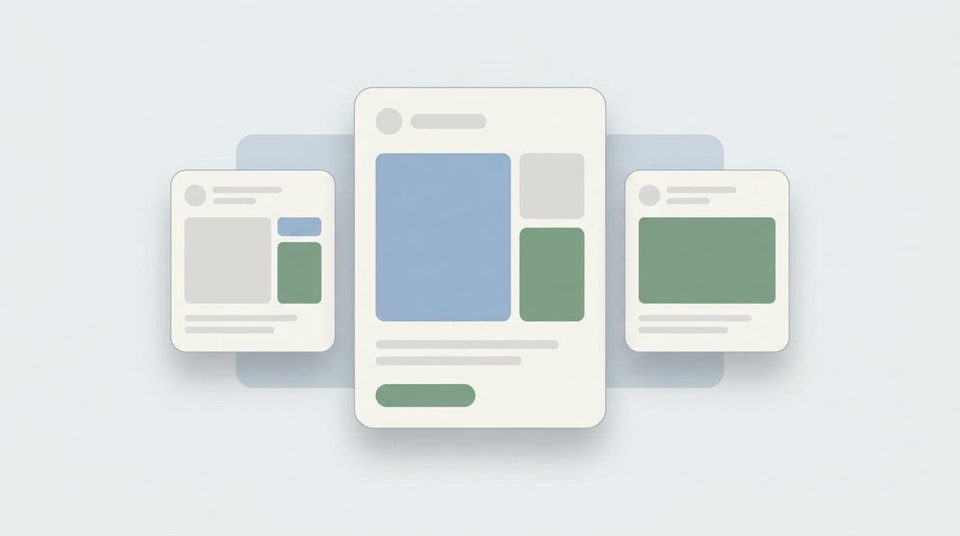 Illustratie van drie advertentiekaarten van verschillende breedte, als symbool voor de nieuwe visuele formats in ChatGPT Ads