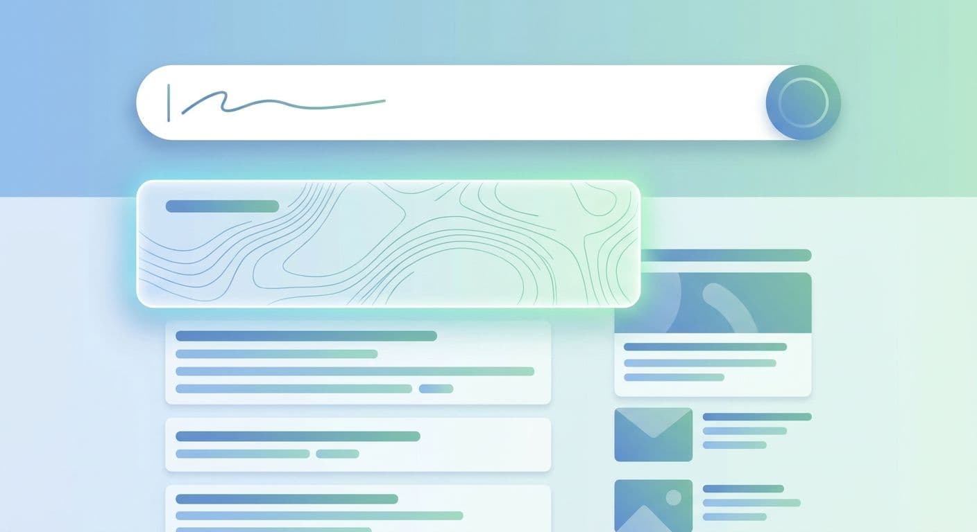 Illustratie van een zoekresultatenpagina met een AI-samenvatting bovenaan, als symbool voor AI Overviews in Google-zoekopdrachten