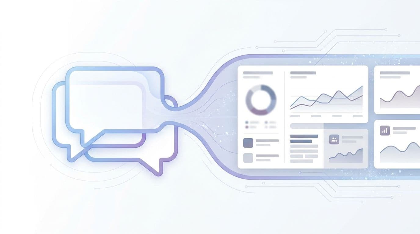 Abstracte illustratie van ChatGPT-advertenties die veranderen in een gesprek en campagnedashboard.