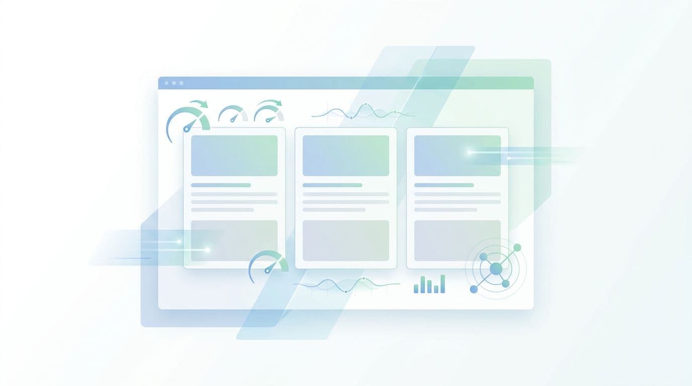 Schematische webpagina met advertenties en visuele indicatoren voor laadtijd, processorgebruik en netwerkdata.