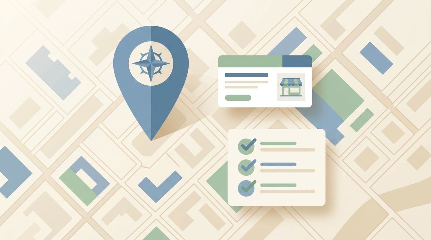 Illustratie van een Google Maps-bedrijfsprofiel met een kaartpin en een checklist voor toegestane content.