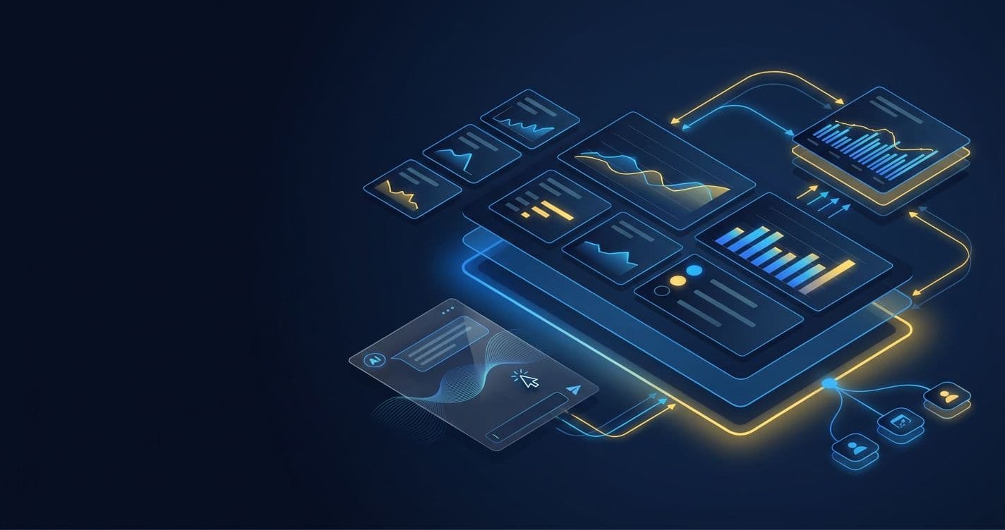 Abstract dashboard met KPI-kaarten, conversiepaden en AI-verkeersbronnen in Google Analytics