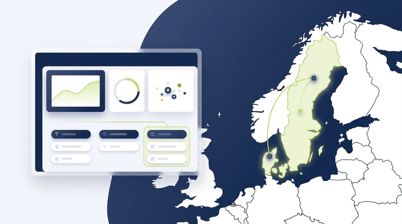 Illustratie van een zoekprestatiedashboard met Zweden en Denemarken samen geselecteerd op een kaart van Noord-Europa.