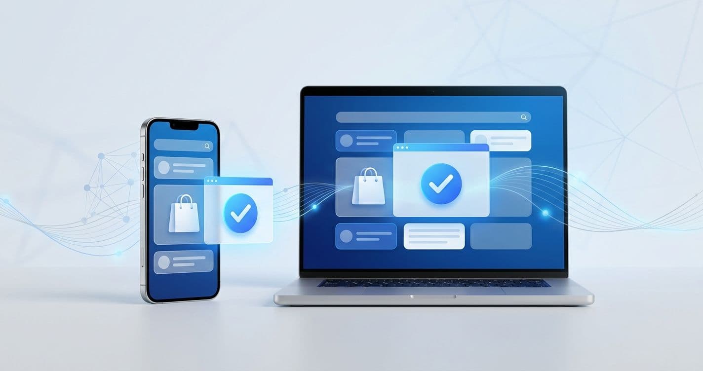Abstracte checkoutbevestiging op een smartphone en laptop naast een digitaal winkelmandje, als illustratie van Google native checkout voor Shopify.