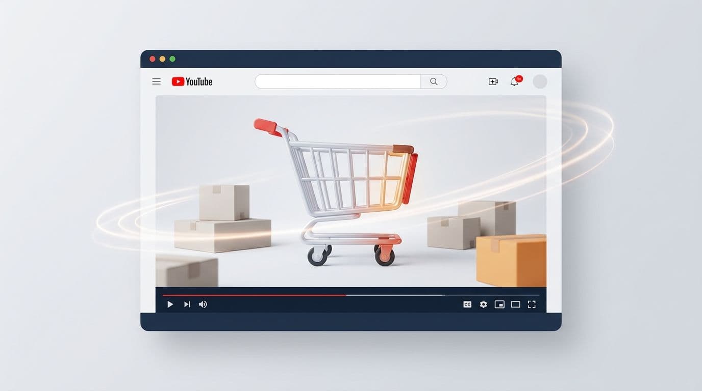 Illustratie van een videothumbnail met een winkelwagen-icoon en productdozen, als beeld bij een nieuwsartikel over affiliate shopping in video.