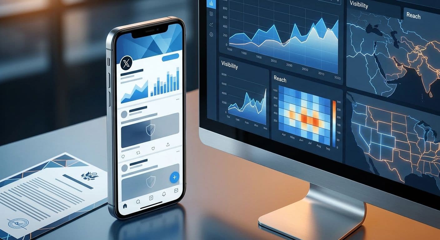 Smartphone en dashboard met inzicht in bereikbeperkingen op X door lokale wetgeving.