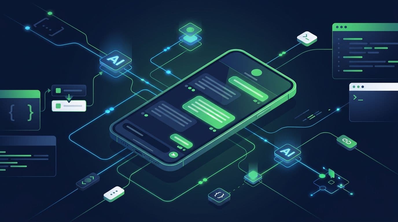 Smartphone met WhatsApp Business verbonden met AI-agenten, API-tools en MCP-koppeling.