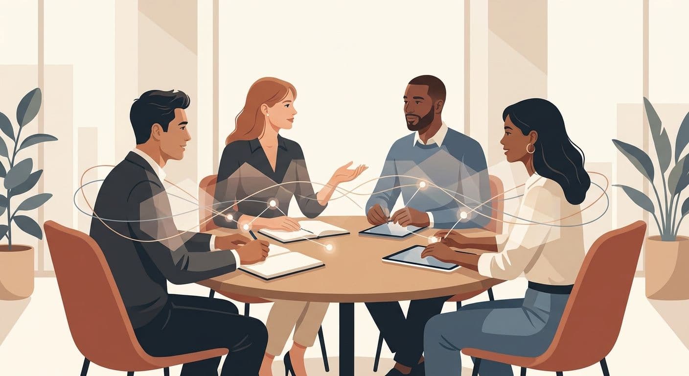 B2B-professionals wisselen inzichten uit tijdens een gesprek, als illustratie van de rol van menselijke stemmen in zakelijke aankoopbeslissingen.