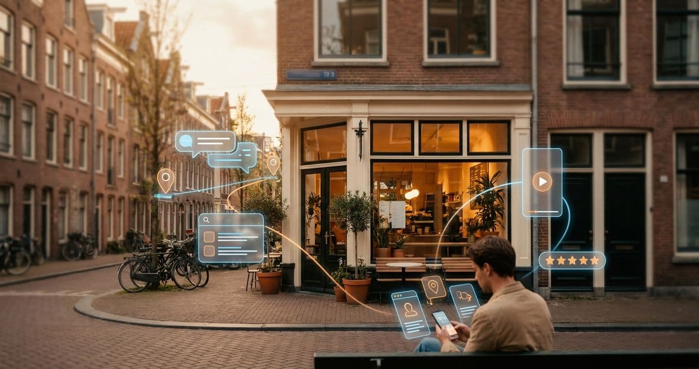 Een klant vergelijkt op een smartphone informatie over een lokaal café, met verwijzingen naar AI, kaarten, social media en reviews.