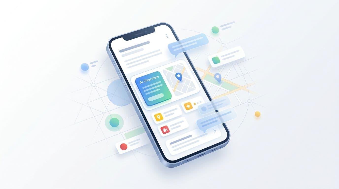 Smartphone met een AI-samenvatting van een lokaal bedrijf in een Google-achtig kennispaneel.