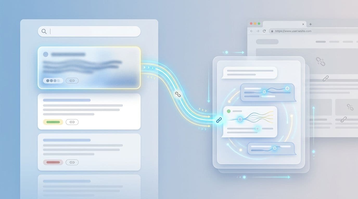 Illustratie van een Google AI Overview waarin een link doorverwijst naar een chatvenster van AI Mode, terwijl een website op de achtergrond naar de achtergrond verdwijnt.